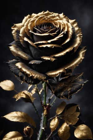 high speed photography, frozen in time, close up photo of a frozen rose the moment it's hit by a bullet and starts to shatter, partially shattered frozen rose, masterpiece, best quality,Gold Edged Black Rose,kirigami