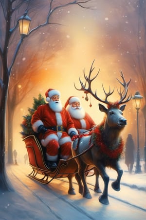Santa Claus with his date on a romantic ride in his reindeer sleigh through Central Park in a snowy NYC. couple, Santa Claus with his girlfriend, romantic ride in the snow, sunrise, pastel warm colors, christmas, in the style of esao andrews,Science couple ,ral-chrcrts