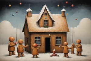 inside a surreal gingerbread house where big is small and small is big, (gingerbread men are exchanging ((christmas presents))), artistic composition, in the style of kazimir malevich, in the style of esao andrews