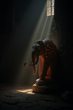 A moody raw photo focusing on an intricately carved sculpture of a wooly mammoth. A light inside the sculpture contrasts with the deep shadows surrounding it, creating an intimate, mysterious atmosphere. The sculpture is hollow, a light inside it casts a warm glow seeping through the delicate carvings, projecting beams of light on the nearby walls. (subsurface scattering) As the light escapes, it projects hauntingly beautiful geometric patterns onto the walls. The wall itself is highly weathered adding depth to the scene. The background is softly blurred, emphasizing the sculpture and the misty smoke escaping through its carvings creates a misterious setting.