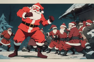 (cel-shading style:1.3), (tetradic colors), (ink lines:1.1), strong outlines, bold traces, flat colors, flat lights, gritty colors, a super determined Santa Claus in a fighting stance ready to execute a secret martial art technique to beat a group of masked gift thieves, ghibli