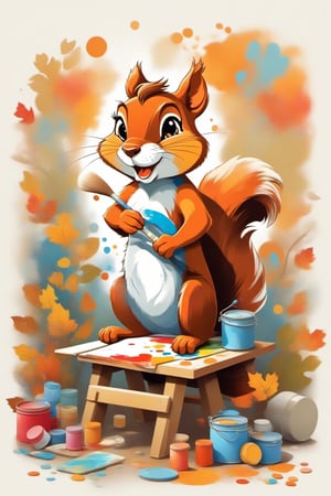 Illustration of a charming scene with a cute squirrel splashing paints all over the cosy art studio. capture the squirrel's effusive happiness, looking at the camera. playful visual narrative. tshirt design,Cubist artwork 