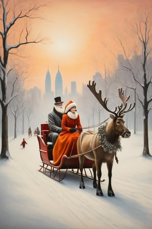 Santa Claus with his date on a romantic ride in his reindeer sleigh through Central Park in a snowy NYC. couple, Santa Claus with his girlfriend, romantic ride in the snow, sunrise, pastel warm colors, christmas, in the style of kazimir malevich, in the style of esao andrews, shards