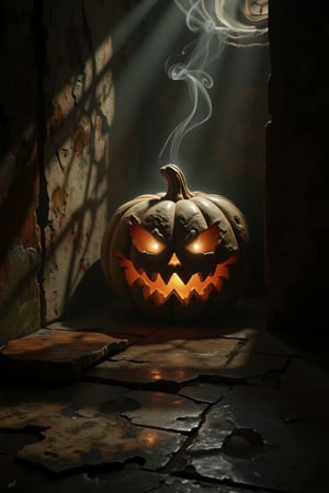 A moody raw photo focusing on an artistically carved marble sculpture of a halloween pumpkin. A light inside the pumpkin casts long shadows creating a dramatic, mysterious atmosphere. The warm glow of the light seeps through the delicate carvings, projecting beams of light on the nearby walls. (subsurface scattering) As the light escapes, it projects hauntingly beautiful geometric patterns onto the walls. The walls are weathered and heavily textured, adding depth to the scene. The whole scene is flooded with a misty smoke, flowing out of the pumpkin through the intricate carvings. WoodCraft, Impressionistic_Rustic