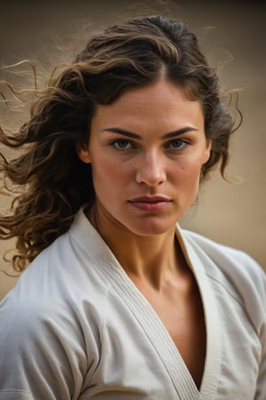 Compose an UHD, sharp, extremely detailed sidelit dynamic RAW photo of a female olympic judoka with dark hair that is wavy, luscious and silky. Emphasize attention to detail, focusing on subtleties of the athlete in motion. The hair shines in intricate detail to give the impression of softness and elegance contrasting the overall effect of the scene which is all about power and control. The timeless and unexpected beauty of the subject with mediterranean features is a mix of delicate features, warmth and unyielding determination as she chases the olympic medal. bokeh, sport venue background, chiaroscuro