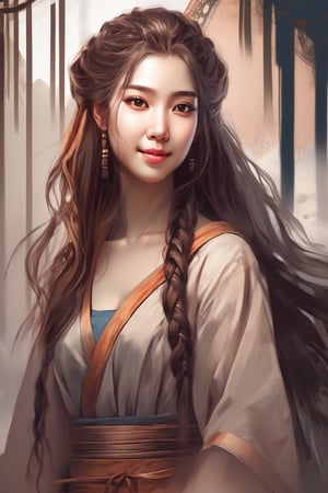 ((masterpiece, best quality:1.4)), (beautiful, aesthetic, perfect, delicate, intricate:1.2), (depth of field), (wallpaper, 8k, hdr, poster), cinematic shot, cinematic lighting, goddess, complex background, looking at the camera, smile, (vivid), ((perfect face, brown long hair)), (braided hair), ((fit, toned)), dripping paint, pencil sketch, chinese ink drawing