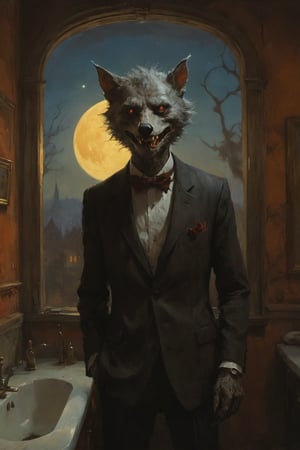 a dapper werewolf is standing in his halloween decorated bathroom with the midnight moon shining through the window as the only lightsource. we see him shaving his distinct face, half of it still with thick fur, the other half clean shaven. digital painting, digital artwork by Beksinski, in the style of esao andrews