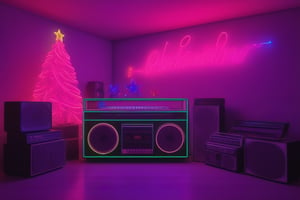 Santa chilling in his batchelor pad from the 1980s, neon christmas decorations, neon christmas tree on the wall, oversized retro boombox, big stacks of cassette tapes, 8K, 16K, neon photography style,neon photography style,<lora:659095807385103906:1.0>