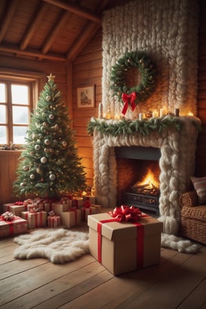 under the christmas tree nothing but an (((empty gift box))), cozy winter scene inside a beautiful country lodge, fireplace, christmas decorations