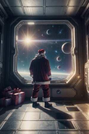 Santa Claus flying on a spaceship, natural light, (RAW photo, best quality, Masterpiece: 1.3), photon mapping, ultra-high resolution, 16k image, depth of field, spaceship interior, lost in space, top quality, futuristic room, large windows, science fiction, view through the window, neon, screen, outside space, galaxies, planets