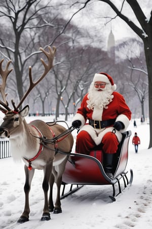Santa Claus takes his date on a romantic ride in his reindeer sleigh through Central Park in a snowy NYC. couple, Santa Claus with his girlfriend, romantic ride in the snow, christmas, reindeer_sleigh