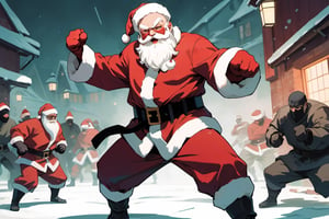 (cel-shading style:1.3), (tetradic colors), (ink lines:1.1), strong outlines, bold traces, flat colors, flat lights, gritty colors, a super determined Santa Claus in a fighting stance ready to execute a secret martial art technique to beat a group of masked gift thieves
