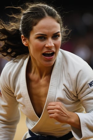 Compose an UHD, sharp, extremely detailed sidelit dynamic RAW photo of a female olympic judoka with dark hair that is wavy, luscious and silky. Emphasize attention to detail, focusing on subtleties of the athlete in motion. The hair shines in intricate detail to give the impression of softness and elegance contrasting the overall effect of the scene which is all about power and control. The timeless and unexpected beauty of the subject with teutonic features is a mix of delicate nature, warmth and unyielding determination as she chases the olympic medal. bokeh, sport venue background, chiaroscuro