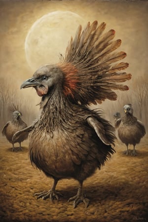 thanksgiving turkeys performing a traditional dance for the pilgrims and native americans, moonster, in the style of esao andrews, Gric