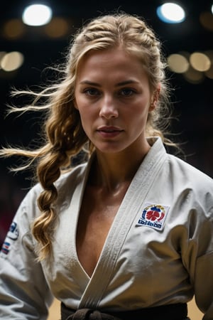 Compose an UHD, sharp, extremely detailed sidelit dynamic RAW photo of a female olympic judoka with golden hair that is wavy, luscious and silky. Emphasize attention to detail, focusing on subtleties of the athlete in motion. The hair shines in intricate detail to give the impression of softness and elegance contrasting the overall effect of the scene which is all about power and control. The timeless and unexpected beauty of the subject with teutonic features is a mix of delicate nature, warmth and unyielding determination as she chases the olympic medal. bokeh, sport venue background, chiaroscuro,samurai