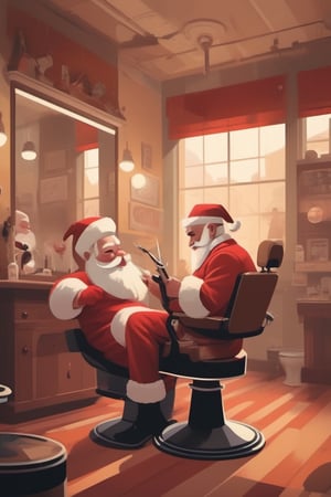 Santa in a classic barber shop getting his beard trimmed, artistic composition, masterpiece, Dave_Quiggle_Style,Flat Design