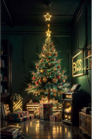 Santa's 80s house, a big living room decorated with a neon sign christmas tree, retro boombox, stack of audio cassettes, nostalgic retro 80s interior design, neon light,neon light