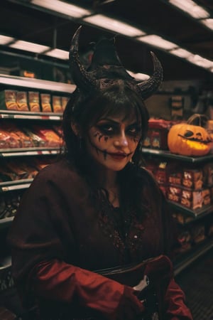 a glamorous demon sampling halloween candy while shopping in a cozy supermarket, detailed ecstatic face, moody environment, smoke filled atmosphere, night, oni style