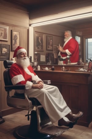 Santa in a classic barber shop getting his beard trimmed, artistic composition, masterpiece, lofi