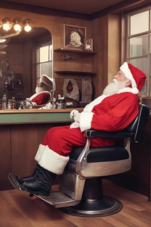 Santa in a classic barber shop getting his beard trimmed, artistic composition, masterpiece, lofi