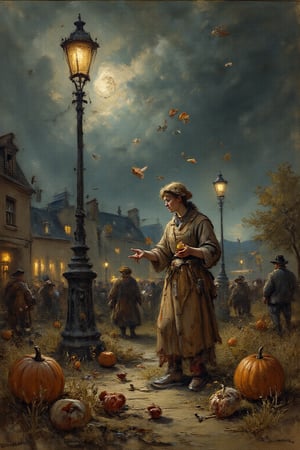 A woman dressed in clothes made of a rough burlap sack covered with paint sprays, juggling pumpkins and treats under a streetlamp as a massive storm in the background is rapidly approaching. Dramatic chiaroscuro lighting.