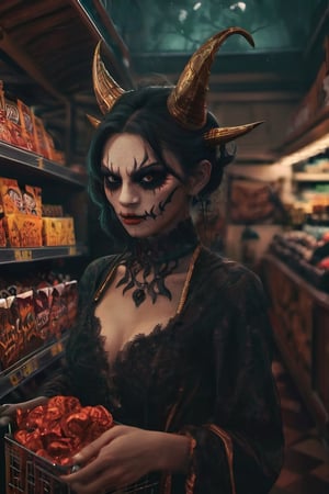 a glamorous demon shopping for halloween candy in a cozy supermarket, detailed face, moody environment, smoke filled atmosphere, night, oni style