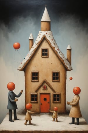 inside a surreal gingerbread house where big is small and small is big, (gingerbread men are exchanging christmas presents), artistic composition, in the style of kazimir malevich, in the style of esao andrews