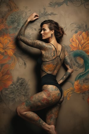 Photo of a woman in front of a wall. Her detailed tattoo appears to seamlessly continue onto the wall creating a fusion of art and environment.
