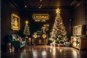 Santa's 80s house, a big living room decorated with a neon sign christmas tree, retro boombox, stack of audio cassettes, nostalgic retro 80s interior design, neon light,neon light