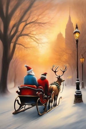 Santa Claus with his date on a romantic ride in his reindeer sleigh through Central Park in a snowy NYC. couple, Santa Claus with his girlfriend, romantic ride in the snow, sunrise, pastel warm colors, christmas, in the style of esao andrews