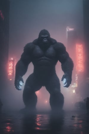 an apocalyptic flooded metropolis with neon lights scattering in a thick fog at night, down the street an ominous outline silhoutte of an enormous king kong grappling with godzilla is just barely visible through the many layers of fog, leading lines, dynamic composition