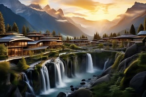 Low angle photo of an advanced mountain village surrounded by picturesque waterfalls. Delicate, and ornate lines that evoke a sense of progress and tranquility. Set in a pristine nature background that provides a striking contrast with highly technological architecture. The intricate details of the advanced architecture are highlighted by the warm light of the late evening sun setting over the mountains.