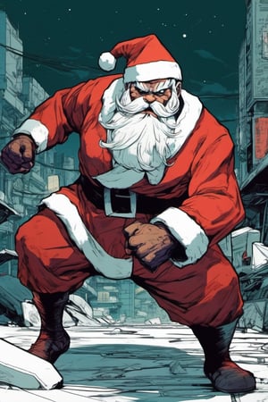 (cel-shading style:1.3), (tetradic colors), (ink lines:1.1), strong outlines, bold traces, flat colors, flat lights, gritty colors, a super determined Santa Claus in a fighting stance ready to execute a secret martial art technique to beat a group of masked gift thieves,cyber
