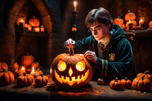 harry potter carving a glowing pumpkin, ((small neon spiders)), in a dark medieval castle, dimly lit, candlelight, moody, at night, depth of field, dark theme, night, soothing tones, muted colors, high contrast, hyperrealism, soft light