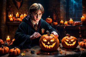 harry potter with his pet spiders carving a glowing pumpkin, ((small neon spiders)), in a dark medieval castle, dimly lit, candlelight, moody, at night, depth of field, dark theme, night, soothing tones, muted colors, high contrast, hyperrealism, soft light