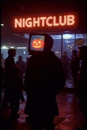 80s aesthetique, 80s vibe, a man with a cathode TV for a head, the TV displays a pumpkin head, queuing in front of a nightclub, neon lights reflecting in the wet street. 90s vhs footage, vintage style