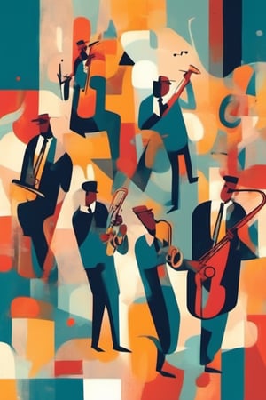 abstract minimalism, graphic design, a jazz band performing in a small club celebrating the new year, bold flat colors and shapes, expressive geometric art, artistic composition, clean lines,ink ,flat design