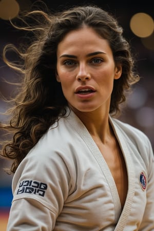 Compose an UHD, sharp, extremely detailed sidelit dynamic RAW photo of a female olympic judoka with dark hair that is wavy, luscious and silky. Emphasize attention to detail, focusing on subtleties of the athlete in motion. The hair shines in intricate detail to give the impression of softness and elegance contrasting the overall effect of the scene which is all about power and control. The timeless and unexpected beauty of the subject with mediterranean features is a mix of delicate features, warmth and unyielding determination as she chases the olympic medal. bokeh, sport venue background, chiaroscuro