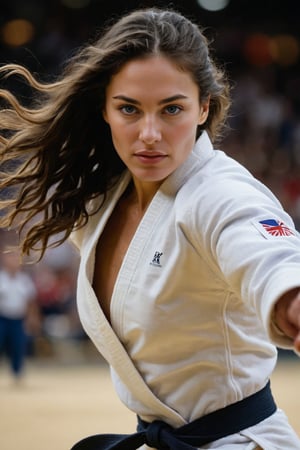 Compose an UHD, sharp, extremely detailed sidelit dynamic RAW photo of a female olympic judoka with dark hair that is wavy, luscious and silky. Emphasize attention to detail, focusing on subtleties of the athlete in motion. The hair shines in intricate detail to give the impression of softness and elegance contrasting the overall effect of the scene which is all about power and control. The timeless and unexpected beauty of the subject with mediterranean features is a mix of delicate features, warmth and unyielding determination as she chases the olympic medal. bokeh, sport venue background, chiaroscuro, zdyna_pose