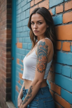 Photo of a woman in front of a wall. Her detailed tattoo appears to seamlessly continue onto the wall creating a fusion of art and environment.