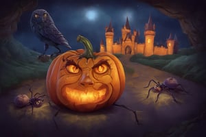(harry potter's face) carved into a glowing pumpkin, (spiders crawling) out of the pumpkin, in a dark medieval castle, dimly lit, candlelight, moody, at night, depth of field, dark theme, night, soothing tones, muted colors, high contrast, hyperrealism, soft light, sharp), v0ng44g,flatee