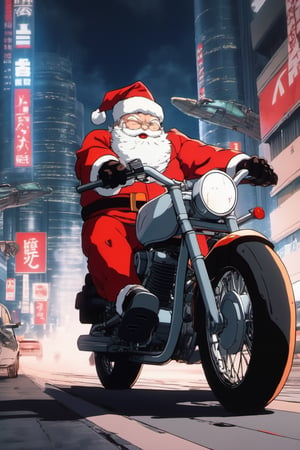 in the anime style of Akira, Santa Claus as a character in the anime Akira, riding the iconic motorcycle from this anime, chasing a group of masked gift thieves, epic scene, anime style, movie scene, 4k