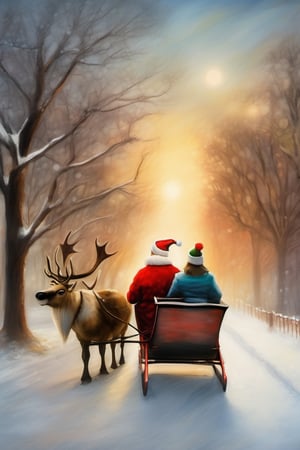 Santa Claus with his date on a romantic ride in his reindeer sleigh through Central Park in a snowy NYC. couple, Santa Claus with his girlfriend, romantic ride in the snow, sunrise, pastel warm colors, christmas, in the style of esao andrews