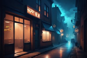 masterpiece, hazy teal orange foggy night sky, (silhouette), atmospheric, urban scene in a small town, new year after party theme, best quality, dark side alley, neon shop sign with the text (((happy new year 2024))), text