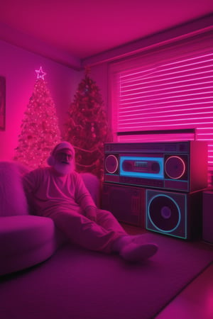 Santa chilling in his batchelor pad from the 1980s, neon christmas decorations, neon christmas tree on the wall, oversized retro boombox, big stacks of cassette tapes, 8K, 16K, neon photography style,<lora:659095807385103906:1.0>