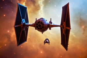 ((a goblin is standing on a Star Wars TIE fighter)) riding it like a surf on the nebulas of the deep space, best quality, masterpiece, 8K, HDR, (cinematic composition:1.3), Kodak portra 400, film grain, from above, bokeh, lens flare, cinematic lighting, exquisite details and textures, ultra detailed, ((dynamic surfing pose)),monster