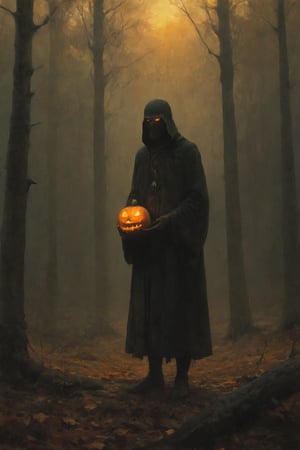 a peculiar silhouette stands out against the backdrop of an autumn forest basking in the early morning sun light that glorifies the vividly warm fall colors of the deciduous trees. the silhouette has long, slender features, a formfitting long coat and what appears to be a pumpkin as its head. the thick early morning mist gives the scene an ethereal atmosphere and makes the silhouette more misterious as only its glowing eyes and mouth pierce through it. digital painting, digital artwork by Beksinski