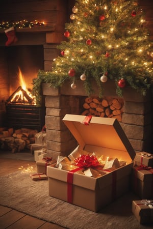 under the christmas tree nothing but a (((single opened empty gift box))), cozy winter scene inside a beautiful country lodge, fireplace, christmas decorations