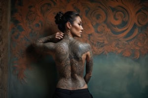 Photo of a woman in front of a wall. Her detailed tattoo appears to seamlessly continue onto the wall creating a fusion of art and environment. LinkGirl, xxmix_girl, hubggirl