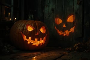 In this moody photograph, the focus is on a beautifully carved jack-o'-lantern viewed from behind. The pumpkin's textured orange skin contrasts with the deep shadows surrounding it, creating an intimate, almost mysterious atmosphere. The internal light source casts a warm, flickering glow that seeps through the intricate carvings, projecting the familiar face of the jack-o'-lantern on the nearby wall.

As the light escapes, it projects a hauntingly playful visage onto the wall behind - a whimsical grin and exaggerated eyes that seem to dance in the dim light. The wall itself is textured, weathered wood, adding depth to the scene. Shadows play around the edges of the projection, enhancing the eerie yet inviting vibe of Halloween.

The background is softly blurred, emphasizing the pumpkin and its glowing face on the wall while hints of autumn leaves and cobwebs might be subtly visible, enhancing the seasonal feel. This unique perspective invites viewers to appreciate not just the jack-o'-lantern itself but also the enchanting interplay of light and shadow that brings it to life,Midjourneyart 